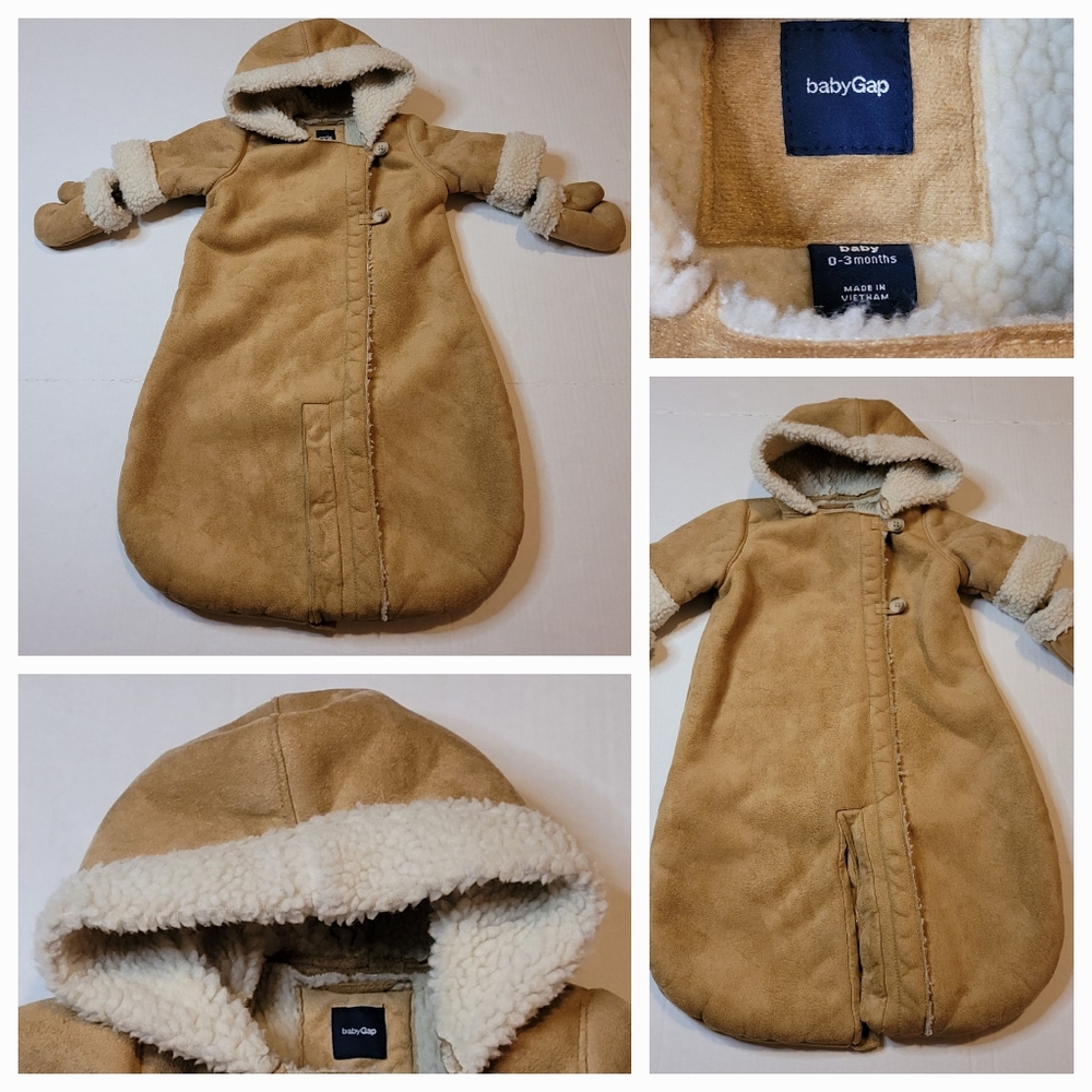 GAP SHERPA FAUX SUEDE + SHEARLING LINED CONVERTIBLE BUNTING INFANT SZ 0-3 MONTHS